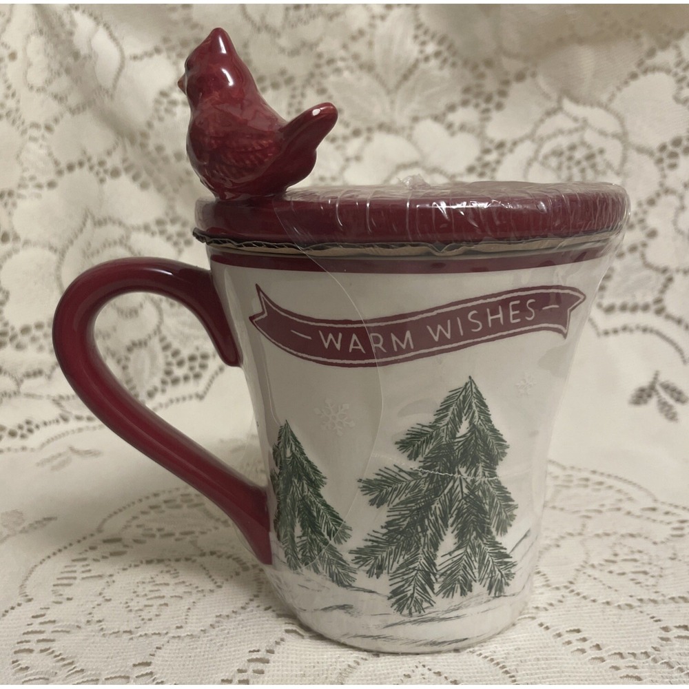 St. Nicholas Square Snowman Coffee Mug with Cardinal Lid Red White